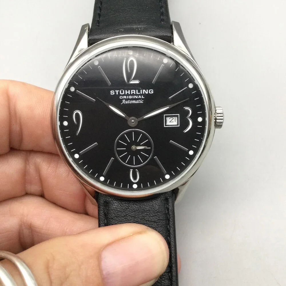 Stuhrling Original Mens Watch 44mm Black Dial Black Leather Automatic Date